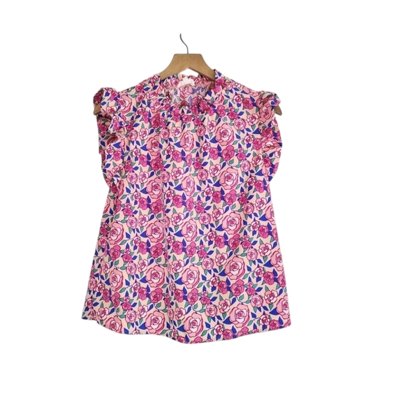 Anthropologie THML Floral Cap Flutter Sleeve Colorful Ruffle Floral Preppy M - Picture 1 of 7